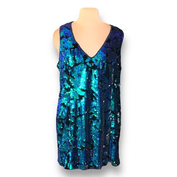 NYE SEQUINS! Mini Dress Blue Green Sequins Black Velvet Vneck Sleeveless… - Picture 10 of 10